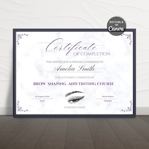 Plantilla de certificado de diseño de cejas, premio de finalización imprimible (descarga instantánea)