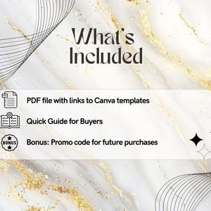 Puede incluir: Un fondo blanco con purpurina dorada y l&iacute;neas negras. El texto "What's Included" est&aacute; en negro. Hay tres iconos con texto debajo: un icono de archivo PDF con "PDF file with links to Canva templates", un icono de libro con "Quick Guide for Buyers", y un icono de estrella con "Bonus: Promo code for future purchases".