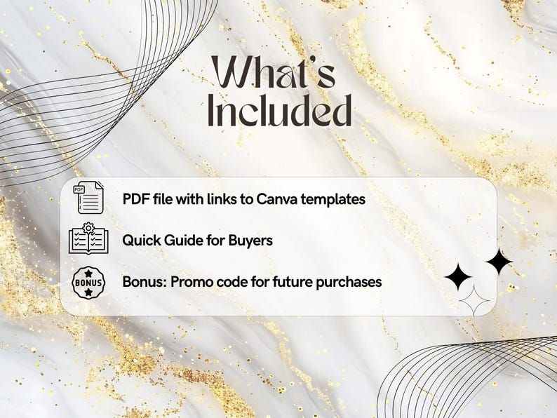 Puede incluir: Un fondo blanco con purpurina dorada y l&iacute;neas negras. El texto "What's Included" est&aacute; en negro. Hay tres iconos con texto debajo: un icono de archivo PDF con "PDF file with links to Canva templates", un icono de libro con "Quick Guide for Buyers", y un icono de estrella con "Bonus: Promo code for future purchases".