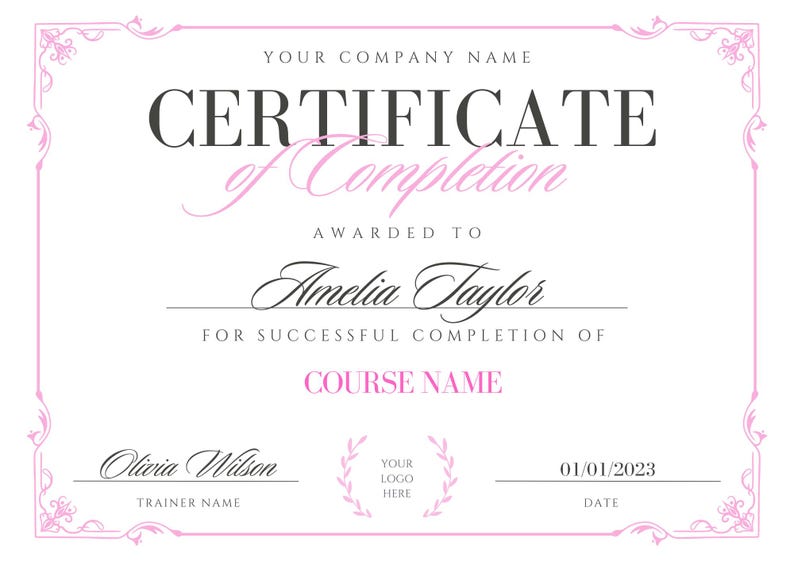 Puede incluir: Un certificado de finalizaci&oacute;n rosa y blanco otorgado a Amelia Taylor por la finalizaci&oacute;n exitosa de COURSE NAME. El certificado est&aacute; firmado por Olivia Wilson, Nombre del Instructor, y fechado el 01/01/2023.