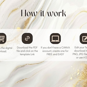 Puede incluir: C&oacute;mo funciona: Una gu&iacute;a de cuatro pasos para usar una plantilla digital. Paso 1: Compra la descarga digital. Paso 2: Descarga el archivo PDF y haz clic en el enlace de la plantilla. Paso 3: Si no tienes una cuenta de Canva, crea una de forma gratuita y f&aacute;cil. Paso 4: Edita tu plantilla, desc&aacute;rgala como PDF, PNG o JPG y  impr&iacute;mela o &uacute;sala digitalmente.
