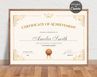 Printable Certificate of Completion Template, Editable Training Award (PDF)