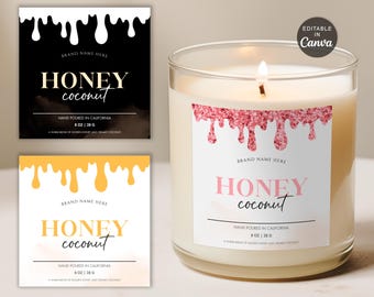 Puede incluir: Tres diseños de etiquetas para velas con un efecto de cera que gotea. Las etiquetas son blancas con texto negro y presentan un diseño de cera que gotea rosa, amarillo y blanco. El texto en las etiquetas dice "BRAND NAME HERE", "HONEY coconut", "HAND POURED IN CALIFORNIA", "8 OZ | 28 G".