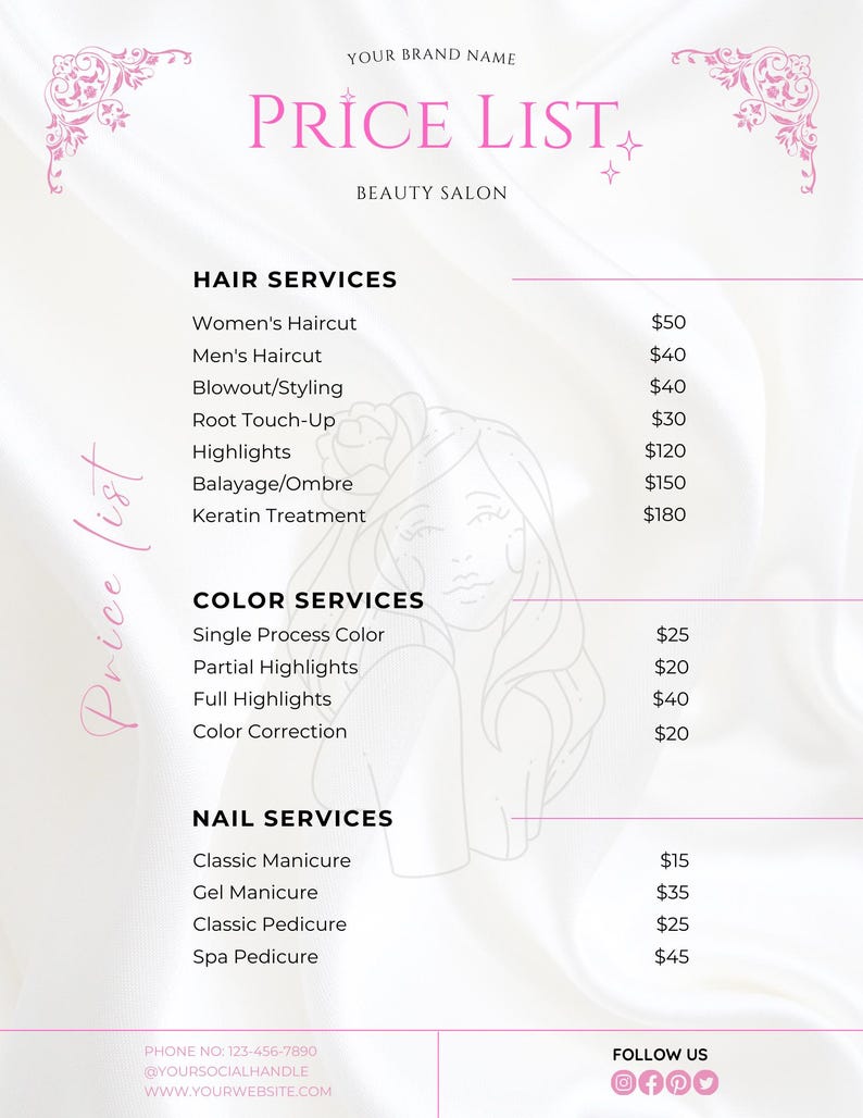 Price List Template, Editable Beauty Salon Pricing Template Design