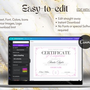 Puede incluir: Una pantalla de computadora port&aacute;til que muestra una plantilla de certificado en Canva, una plataforma de dise&ntilde;o gr&aacute;fico. El certificado es rosa y blanco con un borde decorativo. El texto en el certificado dice "Certificado de finalizaci&oacute;n" y "Amelia Taylor".