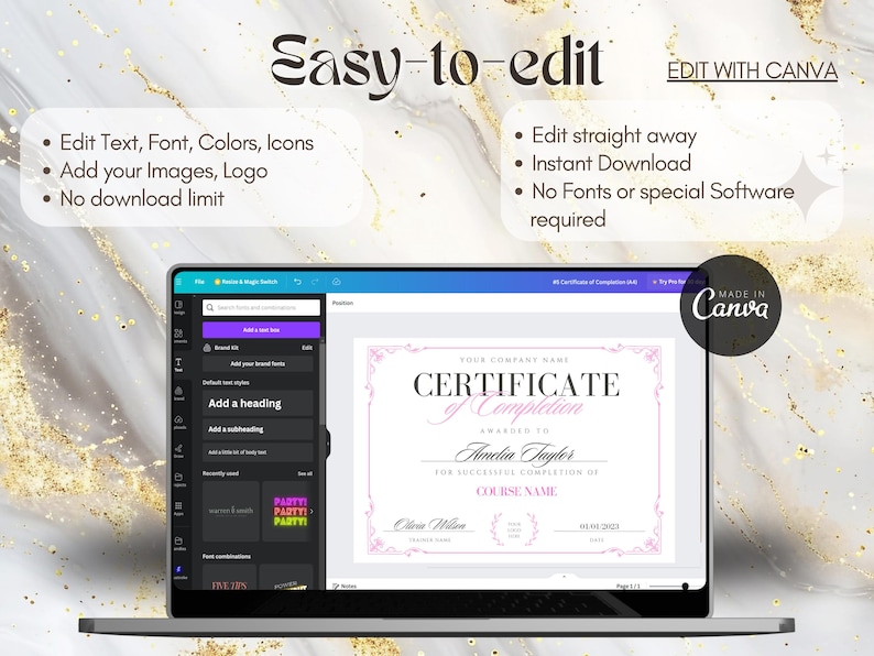 Puede incluir: Una pantalla de computadora port&aacute;til que muestra una plantilla de certificado en Canva, una plataforma de dise&ntilde;o gr&aacute;fico. El certificado es rosa y blanco con un borde decorativo. El texto en el certificado dice "Certificado de finalizaci&oacute;n" y "Amelia Taylor".