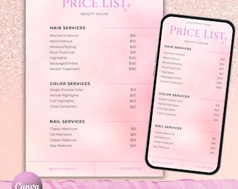 Beauty Salon Price List Template, Hair Nail Lash Makeup (Canva Editable, Printable)