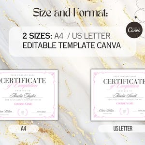 Puede incluir: Dos plantillas de certificados imprimibles en tama&ntilde;os A4 y US Letter. Los certificados tienen un dise&ntilde;o rosa y blanco con un borde decorativo y el texto "Certificado de finalizaci&oacute;n".