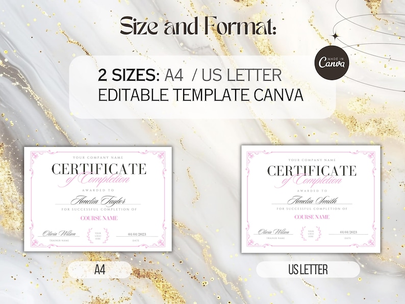 Puede incluir: Dos plantillas de certificados imprimibles en tama&ntilde;os A4 y US Letter. Los certificados tienen un dise&ntilde;o rosa y blanco con un borde decorativo y el texto "Certificado de finalizaci&oacute;n".