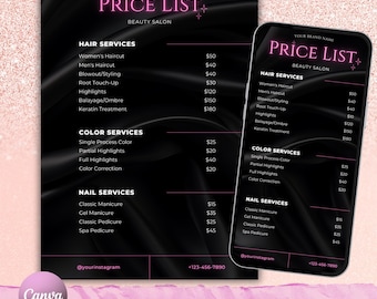 Beauty Salon Price List Template, Hair Nail Lash Makeup (DIY Canva)