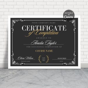 May include: A black and white certificate of completion with a gold border. The certificate is for Amelia Taylor for successful completion of COURSE NAME. The certificate is dated 01/01/2023 and signed by Olivia Wilson, Trainer Name.