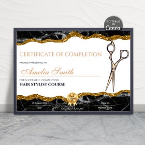 Abschlusszertifikat, Haarverlängerung Zertifikatsvorlage, printable Zertifikat, Hairstylist, Marmor gold, Instant Download