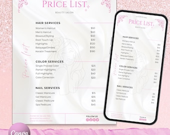 Beauty Salon Price List Template, Hair, Nail, Lash (Canva Editable)