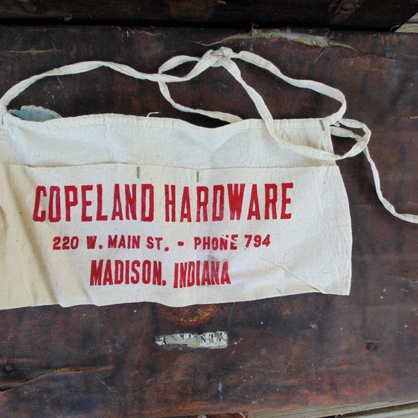 vintage canvas nail apron advertising Copeland Hardware Madison Indiana