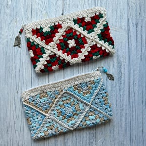 Granny Square Style - Crochet Makeup Bag - Handmade Travel Pouch - Hand-Crocheted Zippered Clutch - Gift for Her - Cosmetic Bag