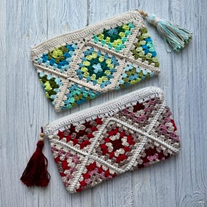 Granny Square Crochet Clutch - Crochet Makeup Bag - Handmade Travel Pouch - Hand-Crocheted Zippered Purse - Gift for Her - Cosmetic Bag