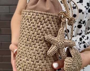 Crochet Raffia Bucket Bag - Sandalwood Boho Crossbody Purse