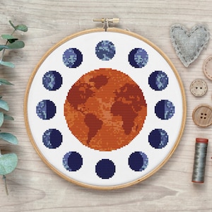 Moon Phases Cross Stitch Pattern, Earth Cross Stitch Pattern, Abstract Cross Stitch, Cross Stitch Pattern Geometric, Boho Cross Stitch PDF image 1