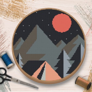Mountains Cross Stitch Pattern, Landscape Cross Stitch, Modern Cross Stitch, Night Sky Cross Stitch Pattern, Nature Cross Stitch PDF