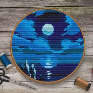 Moon Cross Stitch Pattern PDF, Landscape Modern Cross Stitch Pattern, Nature Cross Stitch, Night Sky Cross Stitch, Fantasy Cross Stitch