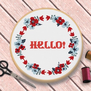 Greeting Hello Floral Wreath Cross Stitch Pattern, Modern Cross Stitch Pattern, Flower Cross Stitch Pattern, Welcome Sign Chart, PDF