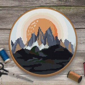 Berge Kreuzstich Muster, Landschaft Kreuzstich, Natur Kreuzstich, Fantasy Kreuzstich, In den Strahlen des Sonnenuntergangs Kreuzstich
