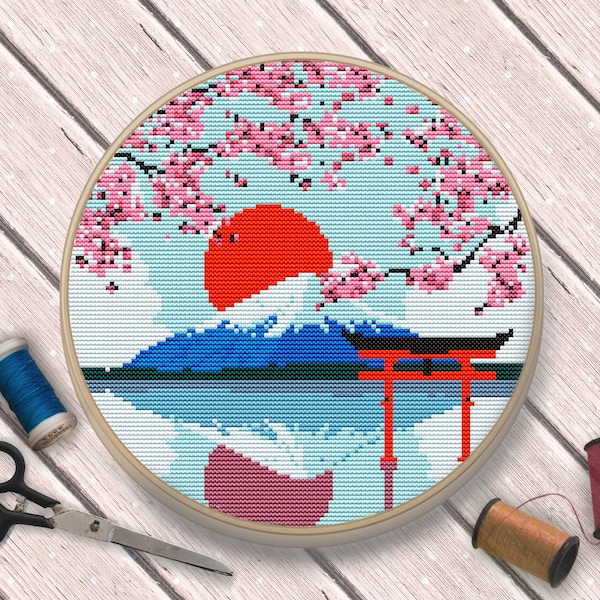 Japan Cross Stitch Pattern, Cherry Blossom Cross Stitch, Cross Stitch Japan, Mount Fuji Cross Stitch Pattern, Floral Cross Stitch Pattern