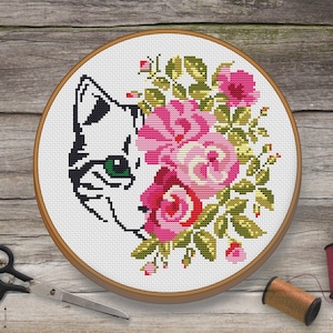 Cat Cross Stitch Pattern. Modern Cross Stitch Pattern. Cat Embroidery. Floral Cross Stitch Pattern. Funny Cross Stitch Pattern. PDF Pattern