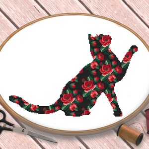 Kat kruissteekpatroon, kruissteekpatroon Bloemenkat, kruissteek kattenpatroon, fantasiekruissteek, zwarte kat kruissteekpatroon