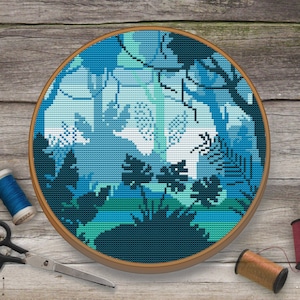 Tropischer Wald Kreuzstich Muster, Natur Kreuzstich, Landschaft Kreuzstich, Blauer Kreuzstich Fantasie, Baum Kreuzstich, Xstitch