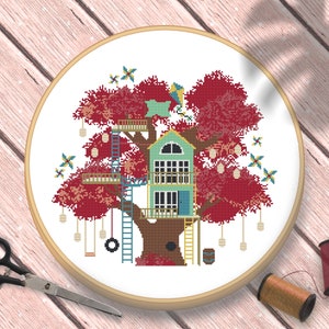Fantasy Cross Stitch Pattern, Autumn Cross Stitch, House Cross Stitch Pattern, Seasons Cross Stitch, Cross Stitch Fall, Fantasy Cross Stitch