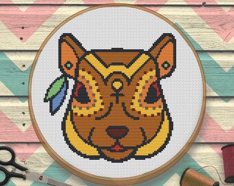 Modern Boho Cross Stitch Pattern. Squirrel Cross Stitch Pattern. Easy Beginner Pattern. Funny Embroidery. Ethnic cross stitch. Pattern PDF