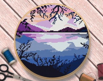 Lake Cross Stitch, Landscape Cross Stitch, Nature Cross Stitch, Cross Stitch Pattern PDF Lake, Fantasy Cross Stitch, Camping Cross Stitch