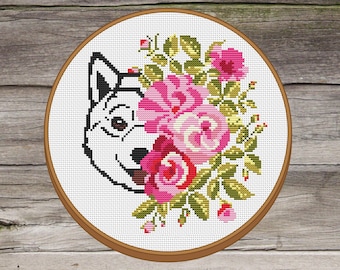 Dog Cross Stitch Pattern. Shiba Inu Pattern. Modern Cross Stitch Chart. Dog Embroidery. Floral Cross Stitch Pattern. Flowers Cross Stitch