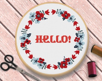 Greeting Hello Floral Wreath Cross Stitch Pattern, Modern Cross Stitch Pattern, Flower Cross Stitch Pattern, Welcome Sign Chart, PDF