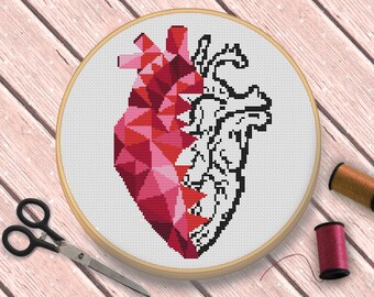 Modern cross stitch pattern. Heart cross stitch. Geometric Triangle  cross stitch pattern. Hand embroidery hoop art