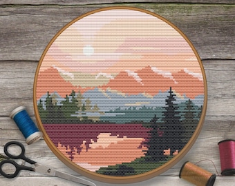 Mountains Landscape Cross Stitch Pattern, Nature Cross Stitch, Camping Cross Stitch, Lake Cross Stitch, In the Rays of Sunset Cross Stitch