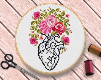 Heart and Floral Modern Cross Stitch PDF Pattern Download. Counted Easy Cross Stitch Chart. Wedding Cross Stitch.Flower Cross Stitch Pattern