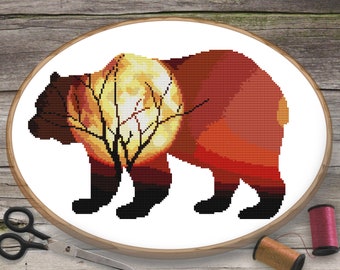 Bear Cross Stitch Pattern, Landscape Cross Stitch Pattern, Modern Cross Stitch, Nature Cross Stitch, Fantasy Cross Stitch, Cross Stitch Tree