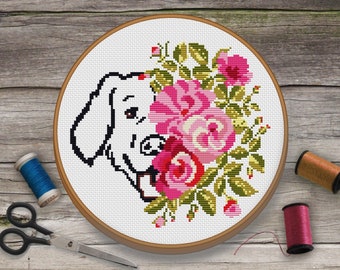 Dog Cross Stitch Pattern. Labrador Pattern. Modern Counted Cross Stitch Chart. Floral Dog Embroidery. Flowers Cross Stitch Pattern. PDF