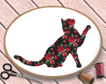 Cat Cross Stitch Pattern, Cross Stitch Pattern Floral Cat, Cross Stitch Cat Pattern, Fantasy Cross Stitch, Black Cat Cross Stitch Pattern