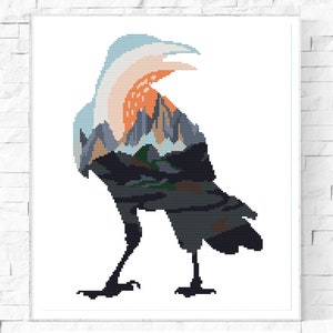 Crow Cross Stitch Pattern, Raven Cross Stitch Pattern, Landscape Cross Stitch Pattern, Bird Cross Stitch Patterns, Nature Cross Stitch