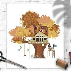 Fall Cross Stitch Pattern, Nature Cross Stitch, Cute House Cross Stitch Pattern, Seasons Cross Stitch, Autumn Landscape Cross Stitch Pattern