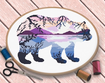 Bear Cross Stitch Pattern, Landscape Cross Stitch, Nature Cross Stitch, Fantasy Cross Stitch, Spring Colors Animal Cross Stitch Bear Cross