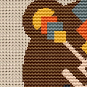 Peut inclure: Un gros plan sur un motif de point de croix g&eacute;om&eacute;trique brun, beige, jaune, orange et bleu. Le motif pr&eacute;sente une vari&eacute;t&eacute; de formes et de tailles, cr&eacute;ant un motif visuellement int&eacute;ressant et abstrait.