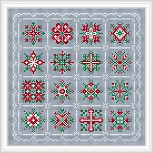 May include: A cross-stitch pattern featuring a grid of sixteen snowflake designs in red, green, and white on a light blue background. The snowflakes vary in pattern and are framed by a white, scalloped border.