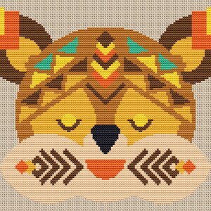May include: A stylized illustration of a brown and yellow animal with geometric patterns. The animal has closed eyes and a smiling mouth. The animal is wearing a headdress with turquoise and orange geometric patterns.