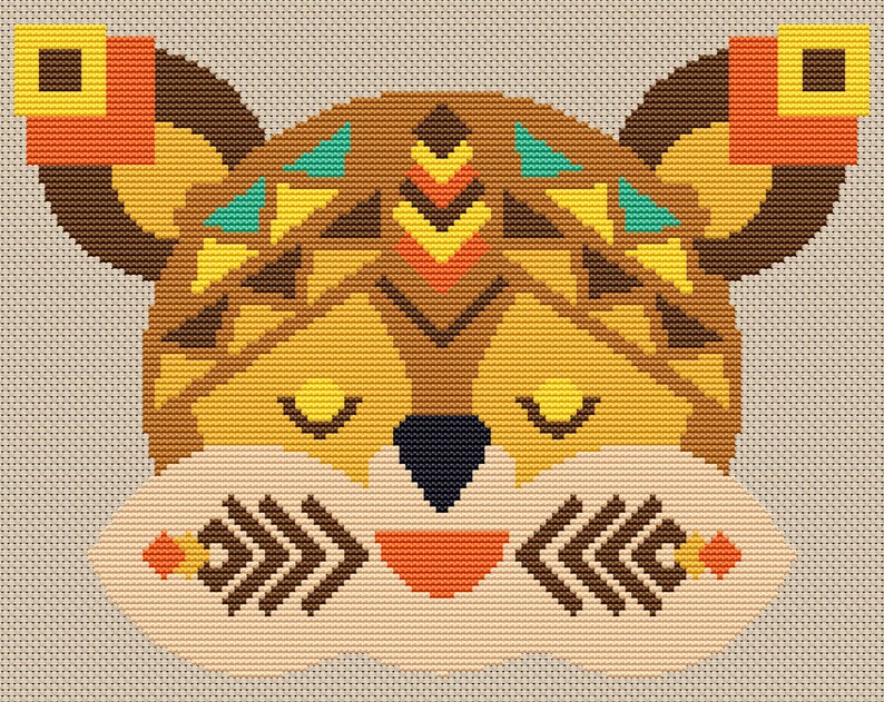 May include: A stylized illustration of a brown and yellow animal with geometric patterns. The animal has closed eyes and a smiling mouth. The animal is wearing a headdress with turquoise and orange geometric patterns.