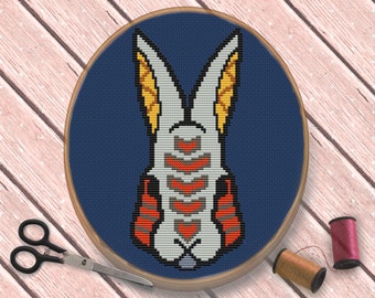 Bunny Rabbit Cross Stitch Pattern. Trival Ethnic cross stitch. Boho Embroidery. Easy Beginner Pattern, Funny Embroidery.Counted Cross Stitch