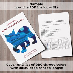 May include: A PDF pattern for a cross stitch design of a lynx with a night sky landscape. The pattern is titled "Night Landscape Lynx" and includes a list of DMC thread colors with estimated thread lengths for both 14 count Aida and 18 count Aida fabric.